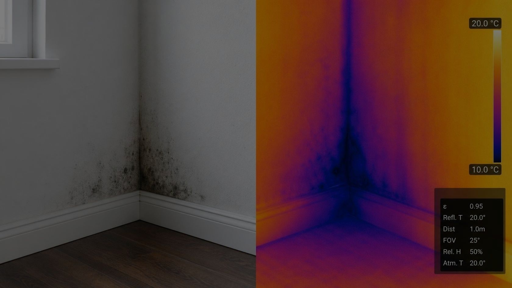 Diagnosi termografica HYDRAX: confronto tra immagine visibile e termogramma per ricerca umidità e muffa